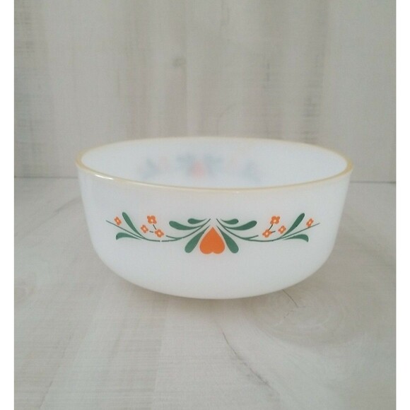 Vintage Termocrisa Mexico Milk Glass Serving Bowl 7.5" Green Orange Design Used - Picture 1 of 5
